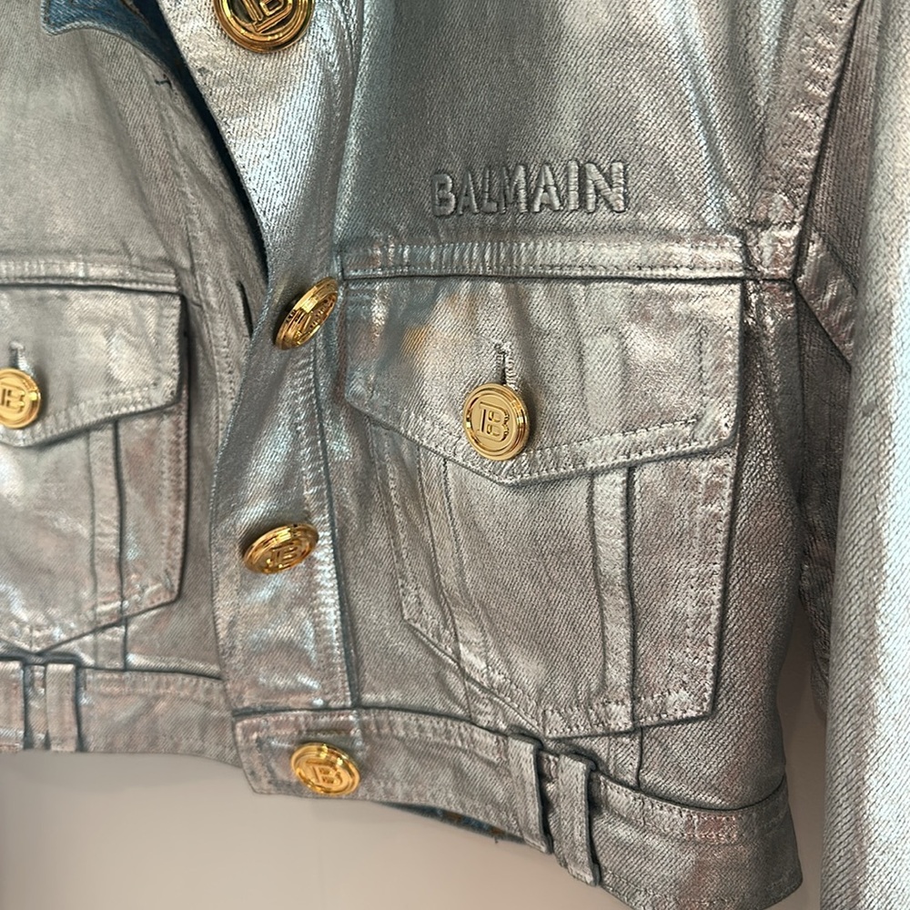 Balmain Metallic-Effect Cropped Denim Jacket - image 4